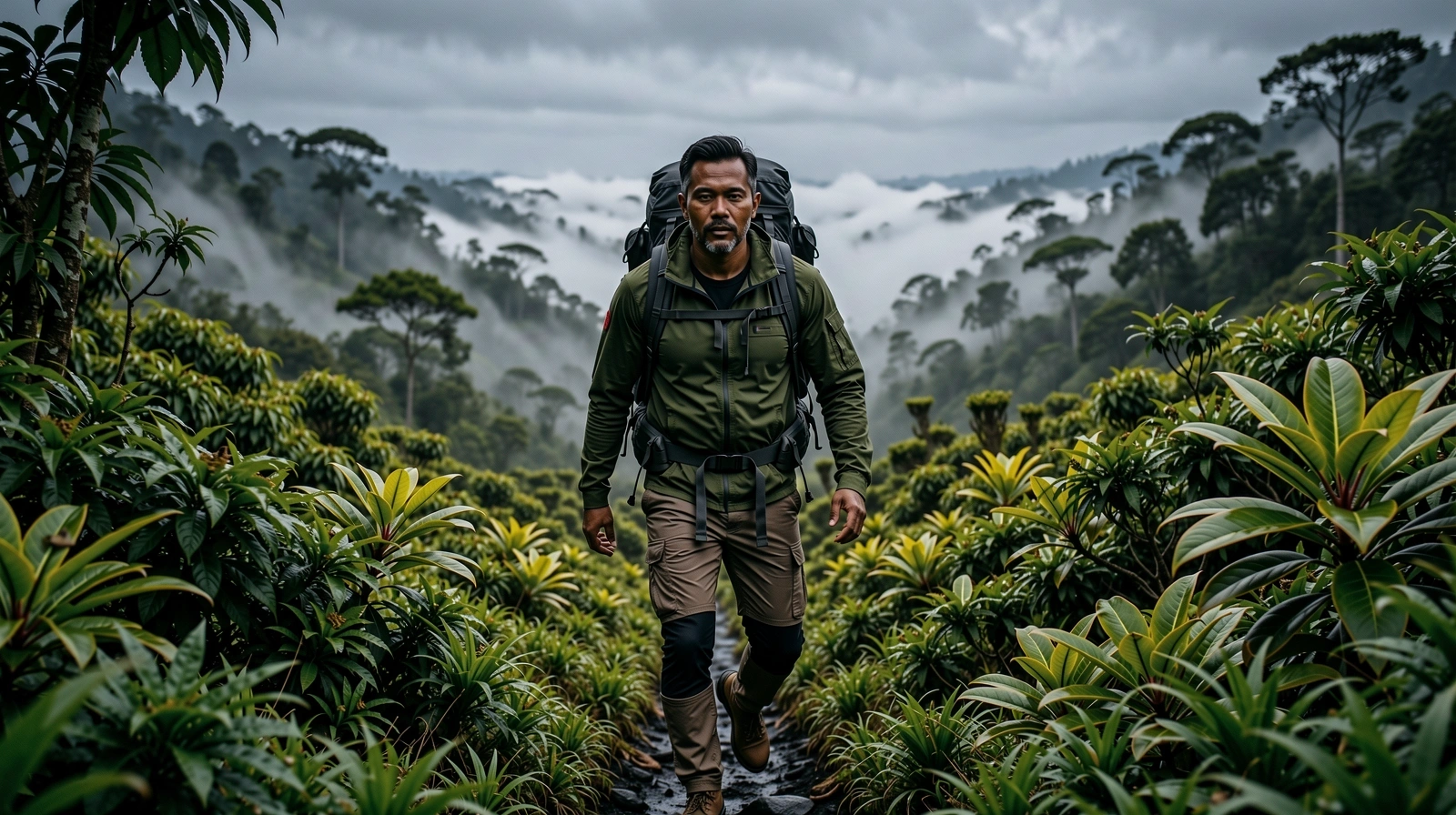 Active man trekking in the Indonesian highlands